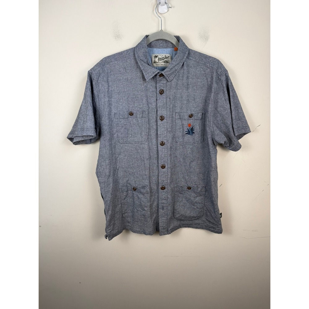 Howler Bros Mens H Bar B Gaucho Shirt Blue Chambray Agave Embroidered Large